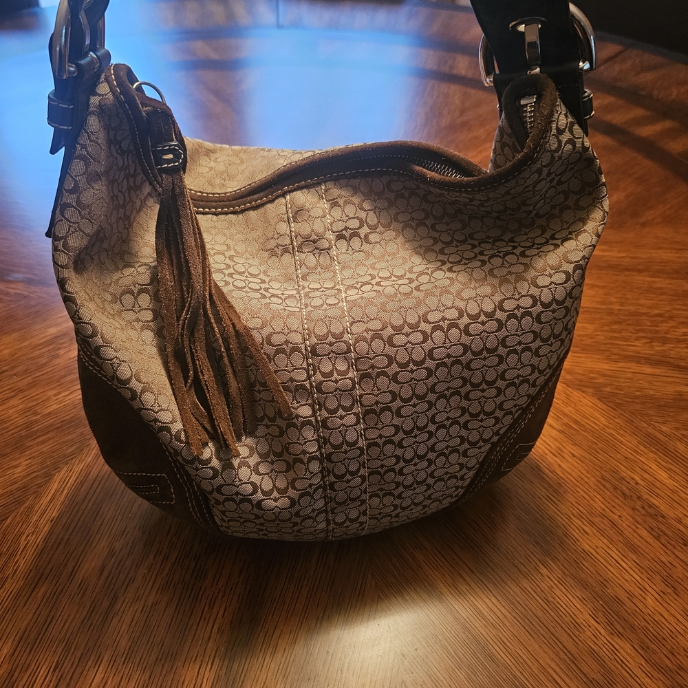 Coach Tan and Brown Jacquard Canvas Signature Pattern Hobo Bag